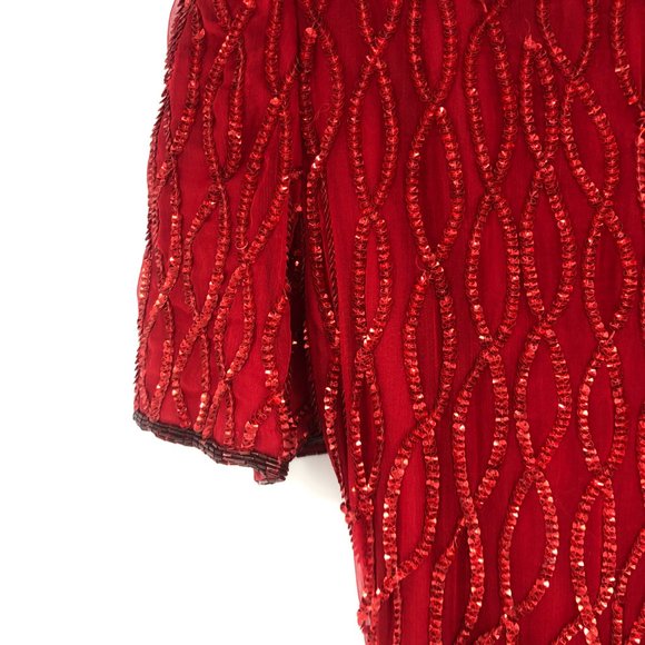Laurence Kazar red sequin embellished dress Vintage Silk Pattern Petite Small PS - Picture 6 of 9